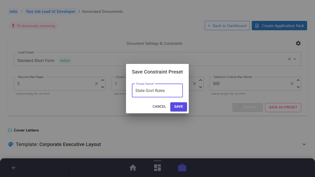 Persist Settings to Job